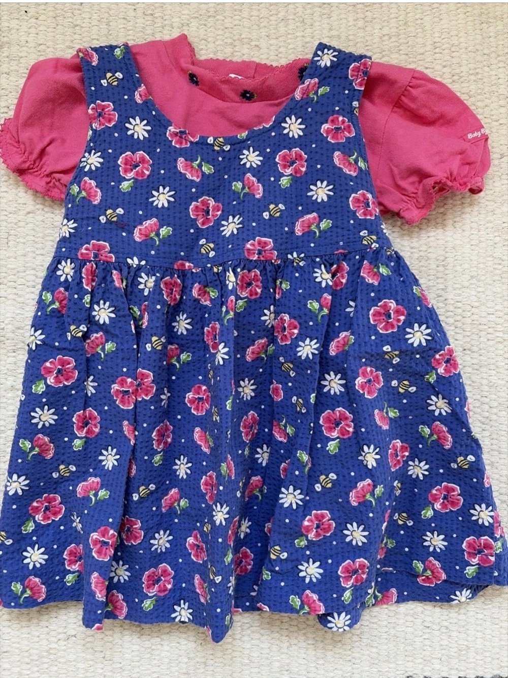 Vintage Oshkosh Dress Set Poppies Blue Seersucker 90s Baby B’Gosh Pink Top 18mo